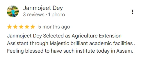 Five-star Google rating screenshot highlighting printed study modules for General English and Assam History.